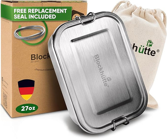 Blockhütte Stainless Steel Lunch Box I 27oz I with free sealing I Bento Box 3 Compartments, Leak-Proof Food Containers, Metal Lunchbox for Travel & Work, Eco-Friendly Meal Storage Solution