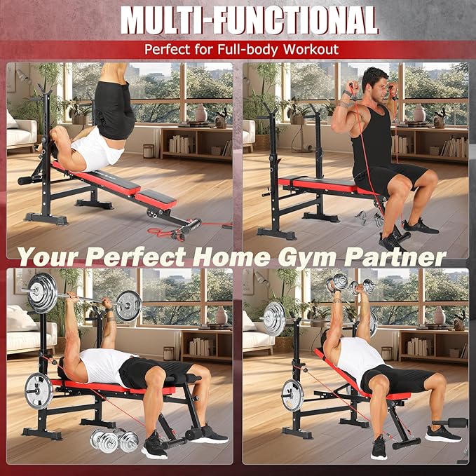 OPPSDECOR 8-in-1 Foldable Weight Bench Set with Squat Rack, Adjustable Bench Press Home Gym System for Full-Body Workout, Flat Incline Decline Sit Up Bench with Removable Foot Catch & Elastic Ropes