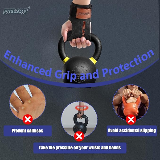 Frelaxy Lifting Wrist Straps Women and Men, Weight Lifting Grips with Cushion Wrist Loop, Double Layer Leather and Storage Pouch, Gym Workout Straps for Deadlift and Powerlifting