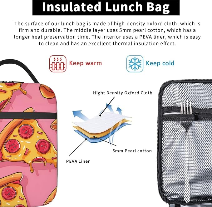 Insulated Lunch Box for Women Men, Pizza Theme Lunch Box Reusable Portable Lunch Bag Cooler Tote Waterproof Lunch Container for Office Picnic Work Travel