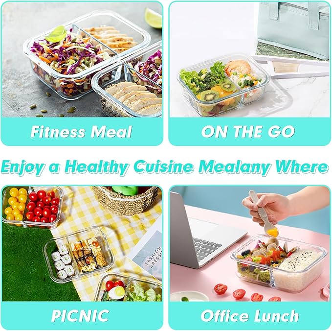 VERONES 10 Pack Glass Meal Prep Containers - 2 Compartment Set, 30 OZ Airtight Glass Lunch Containers with Lids, for Microwave, Oven, Freezer & Dishwasher Friendly, Green