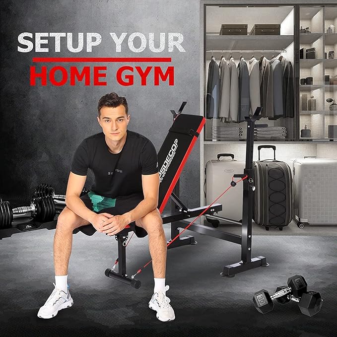 OPPSDECOR 6 in 1 660lbs Weight Bench with Leg Extension and Leg Curl, Foldable Bench Press Set and Squat Barbell Rack with Preacher Curl, Adjustable Workout Bench for Home Gym Strength Training PXZXYX1