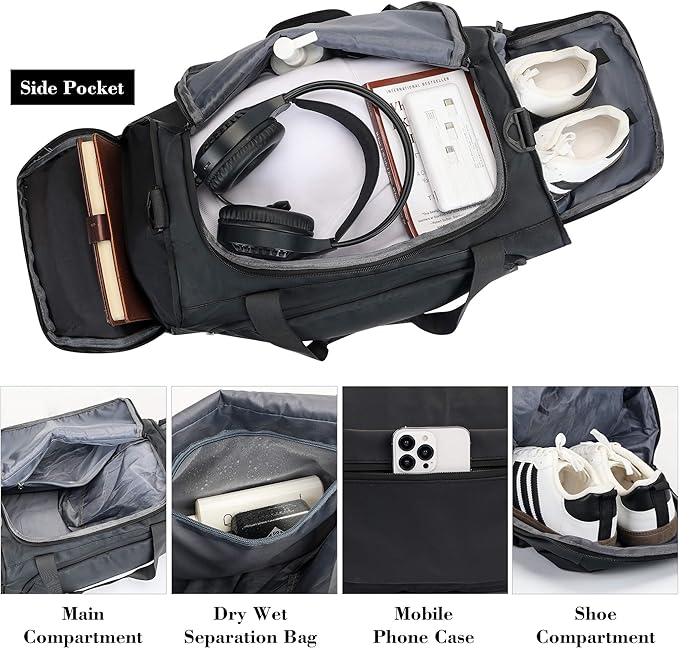 Gym Bags for Men and Women Sport Duffle Bag for Travel Carry on Duffel Bag with Shoe Compartment Dry and Wet Separation 35L Black（Upgrades）