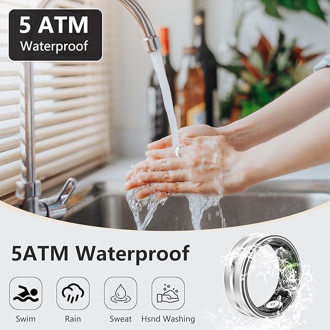 Thin Smart Ring for Fitness & Health Tracking -Pedometer,Sleep/Heart Rate/Blood Oxygen Monitor, Gesture Control / 5ATM Waterproof -No APP Subscription Compatible with Smart Phone (Silver, 12)