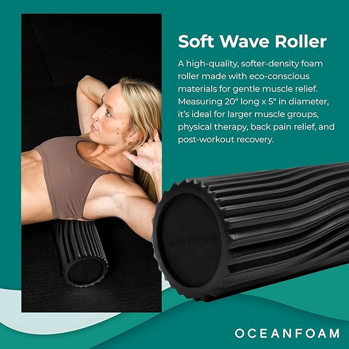 Oceanfoam Soft Tidal Roller (Black) - Low Density Foam Roller for Physical Therapy, Back Pain, Excercise & Stretching - Wave Textured - Yoga, Athletics, & Wellness - Full Size, 20" x 5"