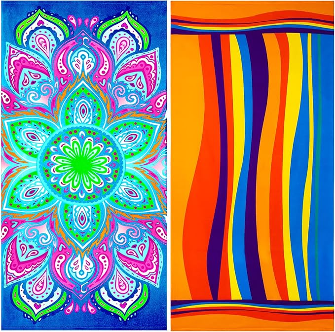 Genovega 2 Packs Oversized Beach Towel Set 36 x 72 in Large Big Pool Camping Swim Clearance Soft Towels Travel Cruise Essentials Accessories Vacation Necessities Adult Gifts Yellow Striped Purple