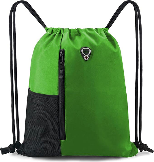 BeeGreen Bright Green Drawstring Backpack Gym Bag For Men & Women – Sports Sackpack with Mesh Water Bottle Holder & 2 Zippered Pockets – Large 16x20 Inch Cinch String Backpack