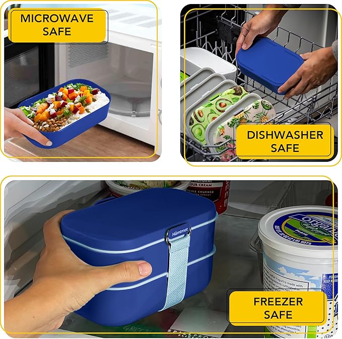 Insulated Stackable Bento Box for Adults with Reusable Chopsticks Japanese Lunch Box Microwavable & Leak Proof Lunch Containers for Men & Women Modern Cute Food Container with Compartments (Blue)
