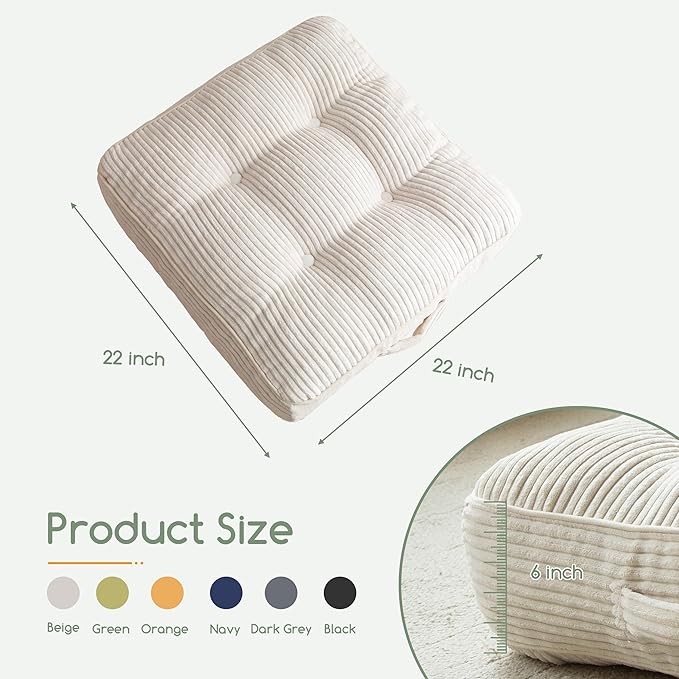 6" Washable Floor Pillow Cushion for Adults, Meditation Cushion Pillow, Large Square Floor Sitting, Removable Tufted Corduroy Cover, for Tatami Living Room or Yoga, 22x22 Inch, 2Pack, Machine Washable