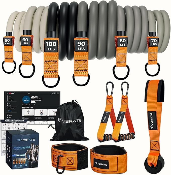 Resistance Bands Set - Heavy Exercise Bands with Handles, Door Anchor, Ankle Straps - Fitness Bands for Working Out Men - Workout Bands Set for Muscle Training