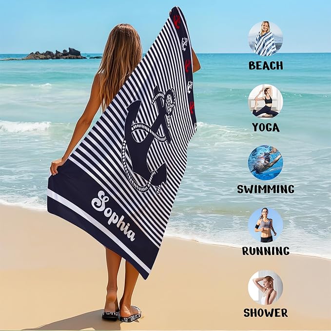 JML Personalized Beach Towel with Name, Custom Anchor Beach Towel, Customized Microfiber Pool Towel, Quick Dry & Absorbent Swim Towel for Adult,Anniversary, Birthday, Summer Holiday,Vacation