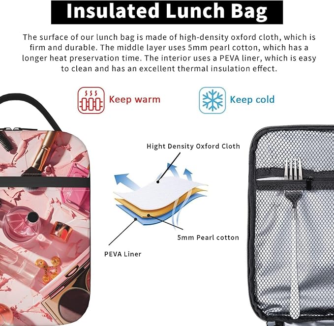 Insulated Lunch Box for Women Men, Pink Makeup Theme Lunch Box Reusable Portable Lunch Bag Cooler Tote Waterproof Lunch Container for Office Picnic Work Travel
