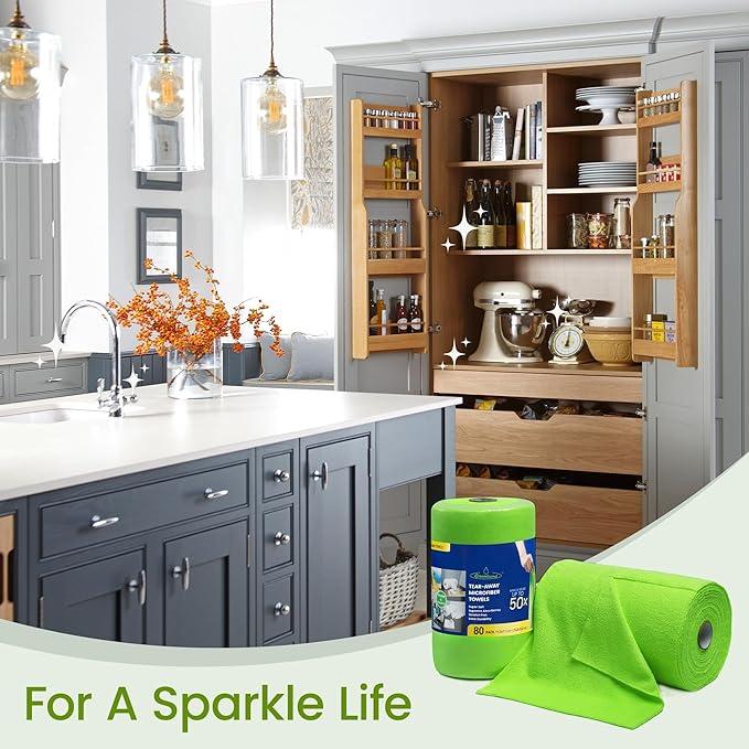 Greenfound Microfiber Cleaning Cloth Roll -80 Pack, 11.5x11.5, Tear Away Towels, Reusable and Washable Rags, Green