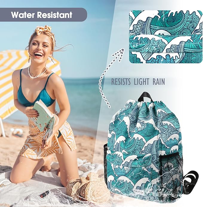 Drawstring Backpack Sports Gym Sackpack with Mesh Pockets Water-Resistant String Cinch Beach Bag for Men Women(Blue Waves)