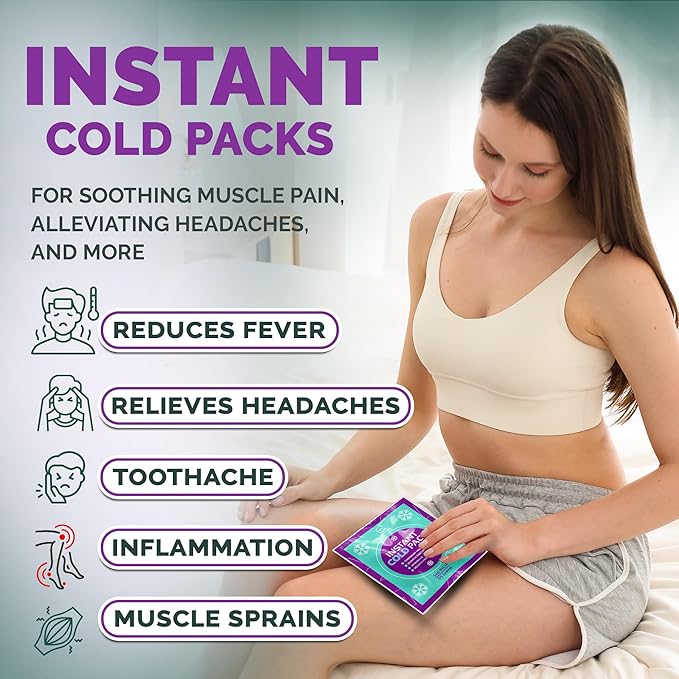 Disposable Instant Ice Cold Packs (6” x 5”) Bulk 50 Pack | Cold Compress Ice Pack for Pain Relief, First Aid & Outdoor