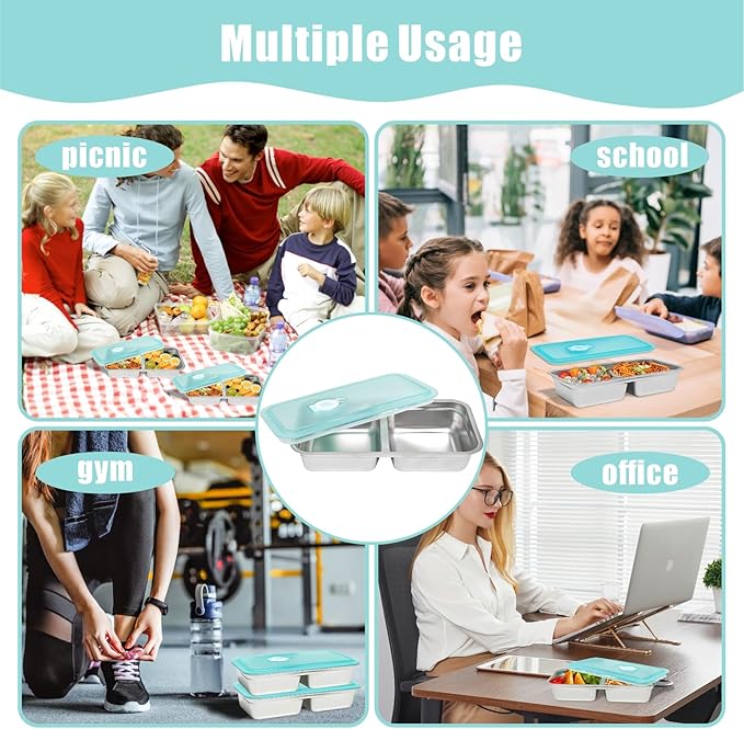 6 PCS Stainless Steel Snack Containers, Double Compartment Bento Box (30oz) with Leakproof Lids, Food Lunch Storage Box Dishwasher Safe & Reusable for Lunch Prep, Travel, Outdoor Camping