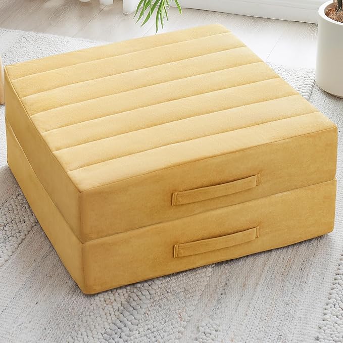 2 Pcs High Density Foam Floor Pillow - Upgraded Large Pillows Seating for Adults - Outdoor Floor Cushion with Soft Tufted Cover - Yoga Pillows for Sitting On Floor - 22 Inch Yellow