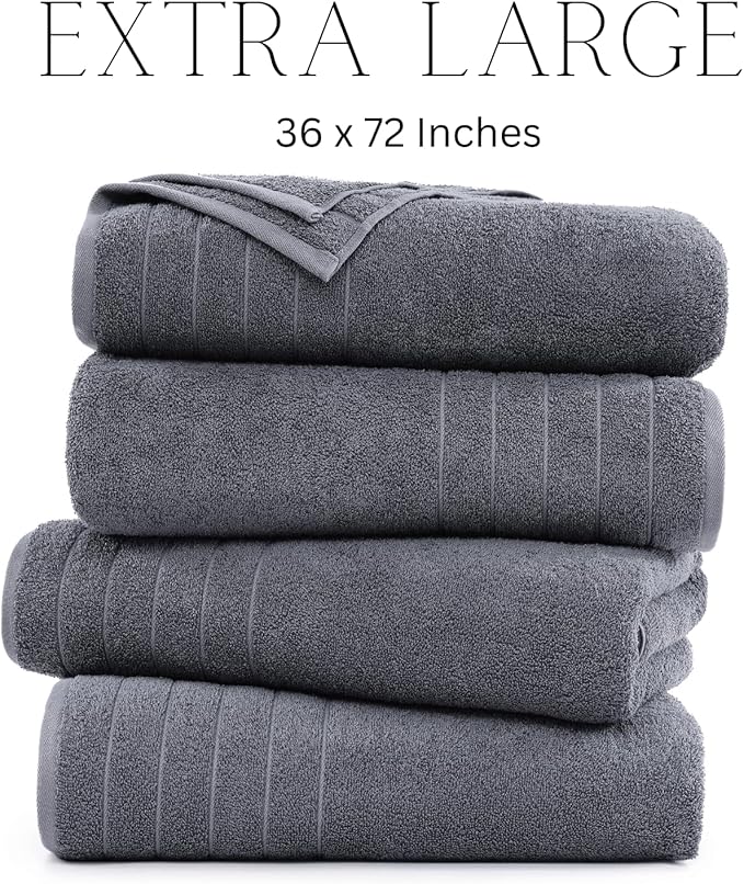 Casa Platino Bath Sheet Towels, 4 Pack 36"x72" 100% Ring Spun Cotton, Lightweight, Absorbent, Quick Dry - Cool Grey