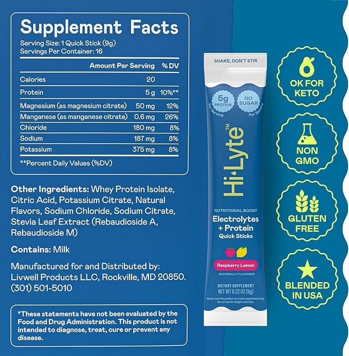 Hi-Lyte Electrolytes + Protein Quick Sticks Raspberry Lemon, 16 Servings - Sodium, Potassium, Whey Protein - Keto Friendly - 5g Protein, No Sugar