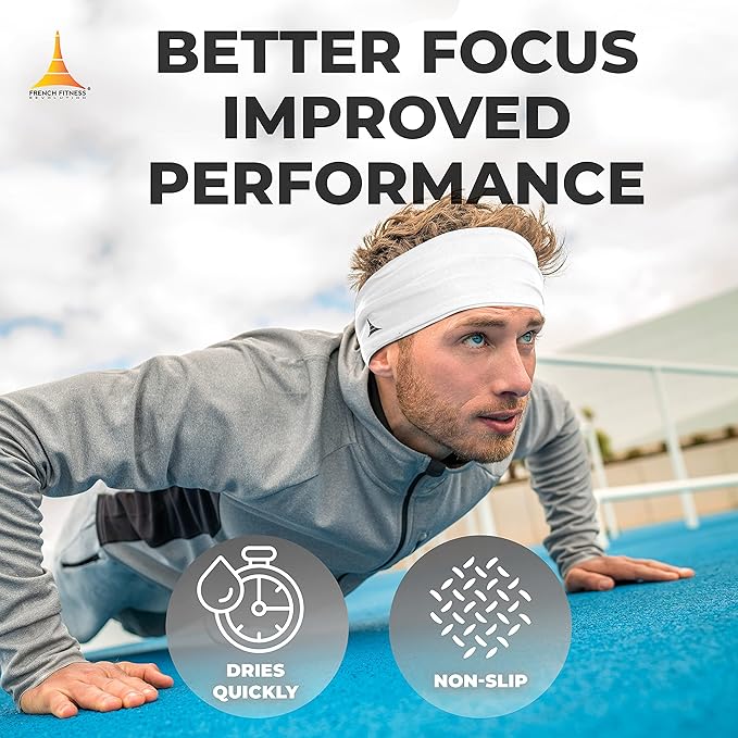 French Fitness Revolution - Stretchy Sports Headband for Men & Women - Guys Sweatband for Running, Cycling, Basketball, Yoga, Fitness - Moisture Wicking Workout Hairband - Made in Europe