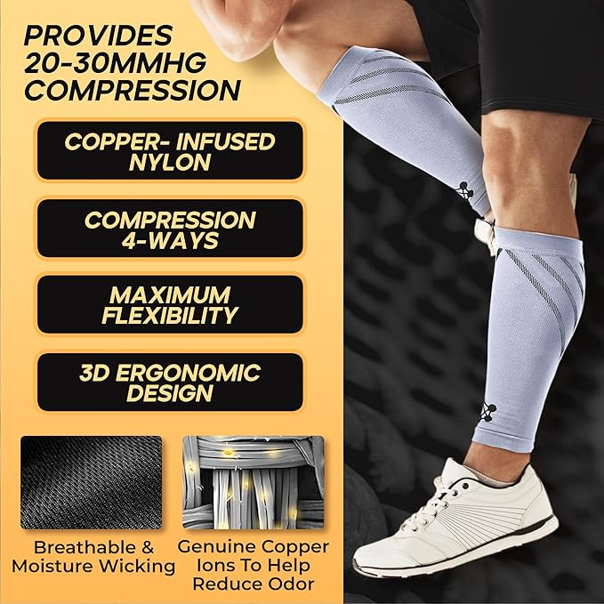 CopperJoint Running Calf Compression Sleeve Women – Easy-On Footless Calf Compression Sleeves for Men, Support Mens Leg Sleeves for Runners, Basketball, Sports, Copper Infused Nylon - Grey, Large