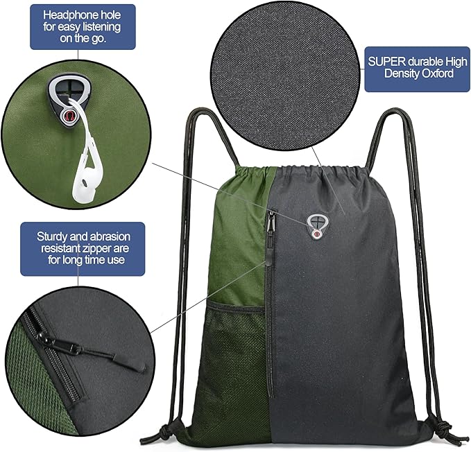 BeeGreen Moss Green Drawstring Backpack Gym Bag For Men & Women – Sports Sackpack with Mesh Water Bottle Holder & 2 Zippered Pockets – Large 16x20 Inch Cinch String Backpack