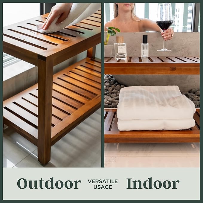 Teak Shower Bench 30 Inch – Fully Assembled Wooden Bench with Shelf, Water-Resistant, Non-Slip Adjustable Feet – Indoor Spa, Garden, or Bathroom Use