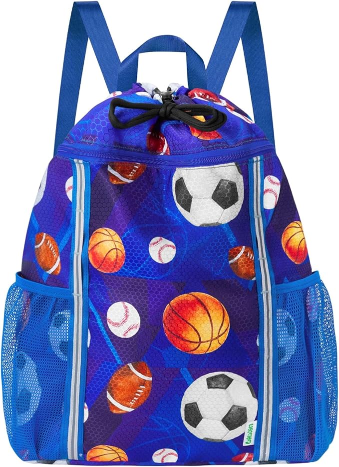 WAWSAM Kids Gym Drawstring Backpack String Bag, Ball Sports Gym Bag for Kids Boys Waterproof Swimming Beach String Cinch Backpack with Two Water Bottle Pocket