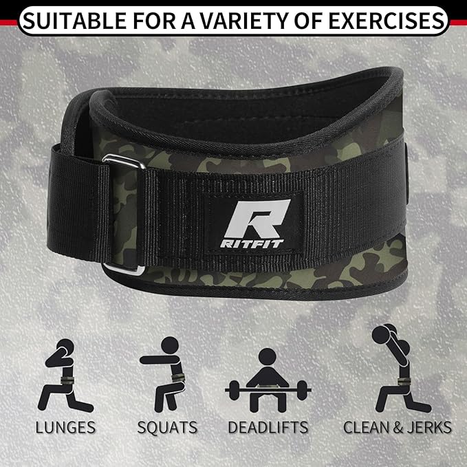 RitFit Weight Lifting Belt - Great for Squats, Lunges, Deadlift, Thrusters - Men and Women - 6 Inch Black/Camouflage