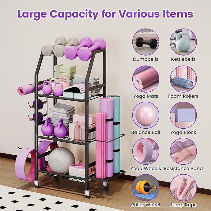 Homeiju Dumbbell Rack, Weight Rack for Home Gym, Yoga Mat Storage Holder with Lockable Wheels, Dumbbell Stand with Hooks, All in One Work out Equipment Storage for Yoga Mat Dumbbell and Balls