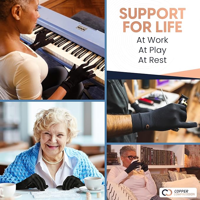 Copper Compression Full Finger Arthritis Gloves - Palm Grips - Touch Screen Fingertips - Compression Support for Carpal Tunnel, Pain Relief, Tendonitis - Fits Men & Women - 1 Pair - L