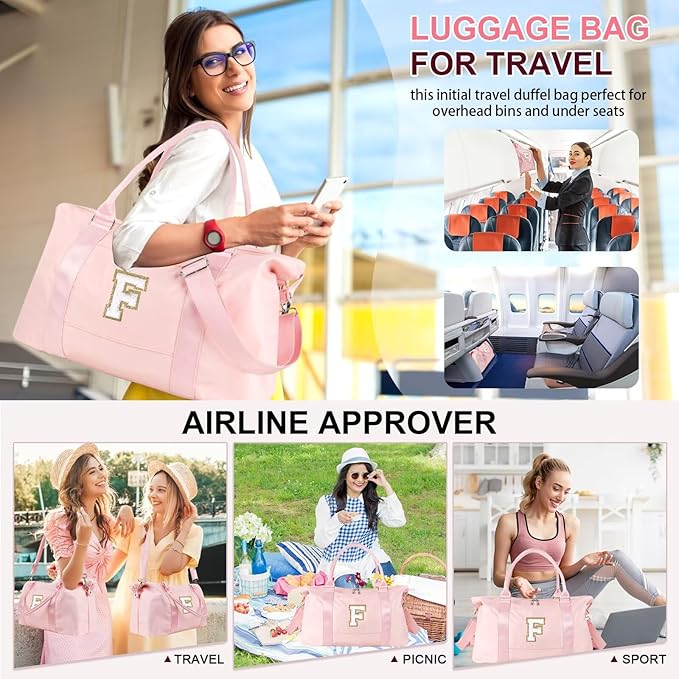 Dance Gym Duffel Bag for Teen Girls, Personalized Initial Travel Weekender Bag,Cute Overnight Carry On Duffle for Women,Sports Travel Cheer Bag,Monogram Christmas Gifts for Tween Preppy(pink-F)