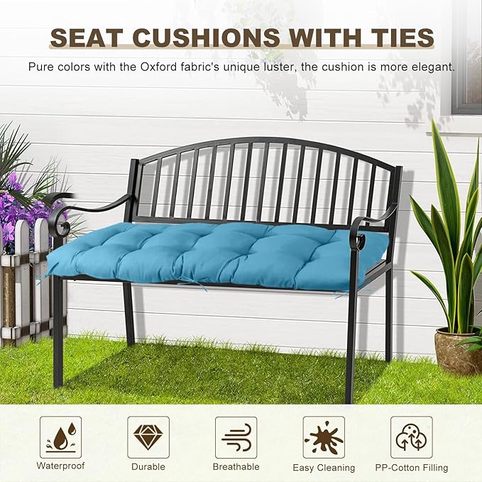 Outdoor Bench Cushion 47inches Waterproof & Fade Resistant Patio Furniture Cushions Tufted Fresh Porch Swing Lounger Loveseat Pads with Straps(Turquoise-47x20in)