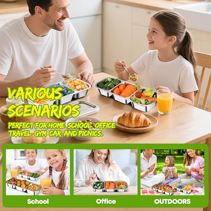 2 Pack Stainless Steel Snack Containers with Lids - Reusable 3 Compartment Snackle Box Container Divide Wet Dry Leakproof Metal Food Storage Containers for School, Home, Travel (Blue + Green)