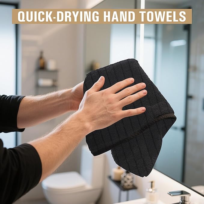 HOMERHYME Microfiber Salon Towel, 12 Pack Black Hand Towels, 16 x 27 Inches Face Towel, Bulk Quick Dry Absorbent Microfiber Towels for Gym, Bathroom, Spa, Workout and Makeup (Not Bleach Proof)