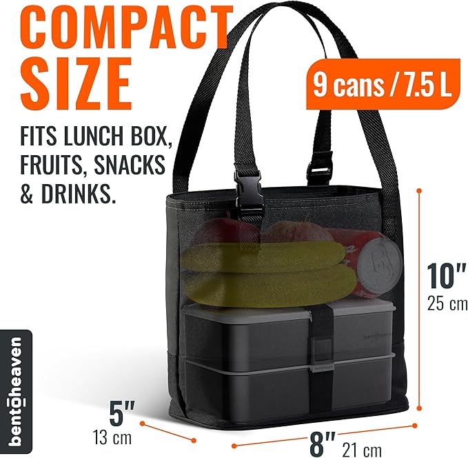 Bentoheaven Insulated Lunch Tote for Work - Durable Materials, Variable Strap/Handle, Wide Opening - Cooler Lunch Bag for Women & Men - Fits all major Bento Lunch Boxes and Other Containers (Black)