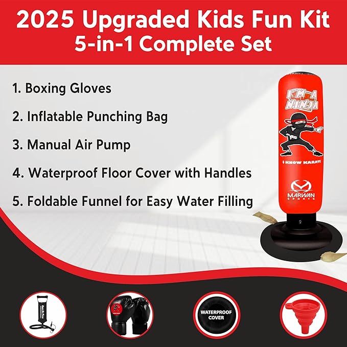 Marwan Sports 5-in-1 Inflatable Punching Bag for Kids – 63" Karate Toy Set with Boxing Gloves, Durable Fast Rebound, Active Play Christmas/Birthday Gift for Boys & Girls Ages 4-12