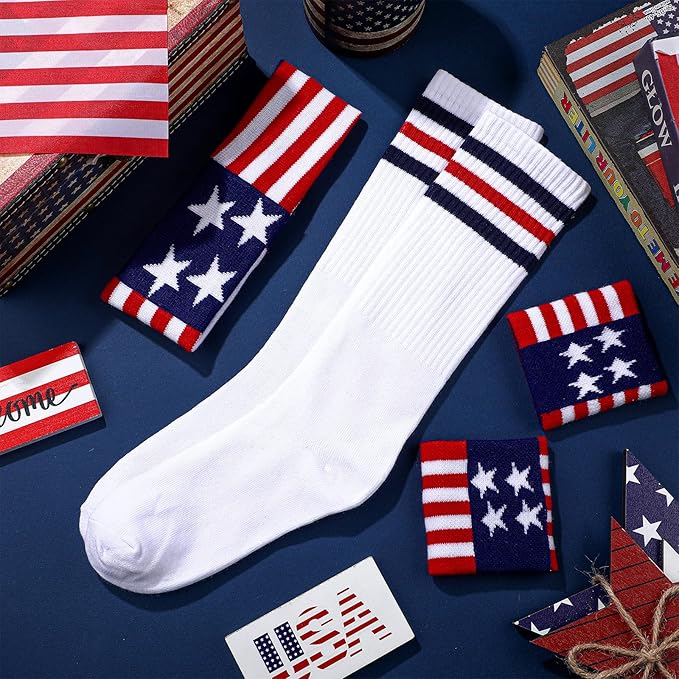 Skylety 5 Pcs Striped Sweatband Sock Set Wrist Sweatband Headband High Striped Headband for Men Women Sports 80s Party(White, Navy Blue and Red)