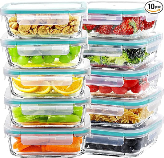 BAYZZ Glass Meal Prep Containers, 10 Packs 22 oz Airtight Glass Food Storage Containers with lids, Microwave, Oven, Freezer & Dishwasher Safe, Green