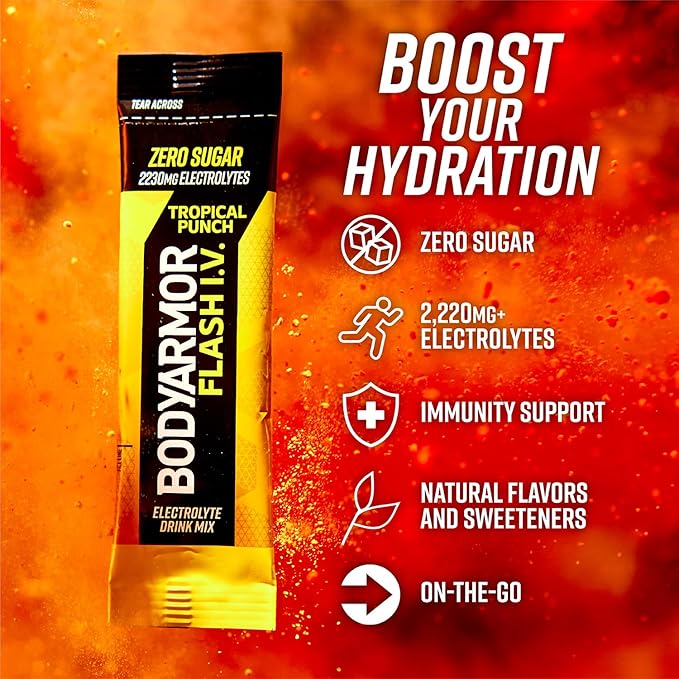 BODYARMOR Flash IV Electrolyte Packets, Tropical Punch - Zero Sugar Drink Mix, Single Serve Packs, Coconut Water Powder, Hydration for Workout, Travel Essentials, Just Add Sticks to Liquid (15 Count)
