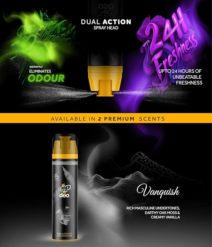 Crep Protect Shoe Deodorizer Spray - Shoe Smell Eliminator Delivers 24-Hour Odor Protection, Residue-Free Formula for All Sneakers, Refreshing Scent (Fresh Linen, Vanquish, 5.07oz)