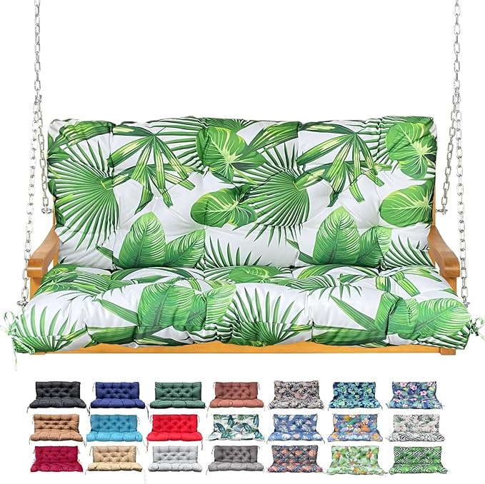 Porch Swing Cushion with Backrest,Waterproof Bench Cushion for Outdoor Furniture,2-3 Seater Replacement Thickened Swing Cushion with Ties,Patio,Outdoor,Backyard and Garden (Fresh Leafy,47x40")
