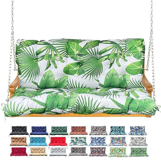 Porch Swing Cushion with Backrest,Waterproof Bench Cushion for Outdoor Furniture,2-3 Seater Replacement Thickened Swing Cushion with Ties,Patio,Outdoor,Backyard and Garden (Fresh Leafy,60x40")