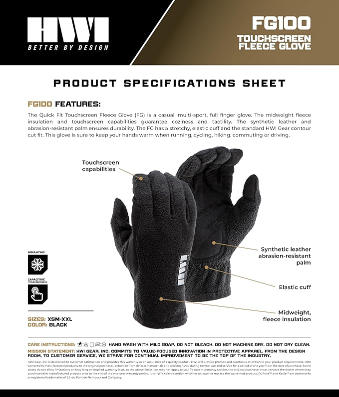 FG Quick Fit Touchscreen Fleece Glove Contour Fit, Abrasion-Resistant Palms for Multi-Sport, Cycling, Driving