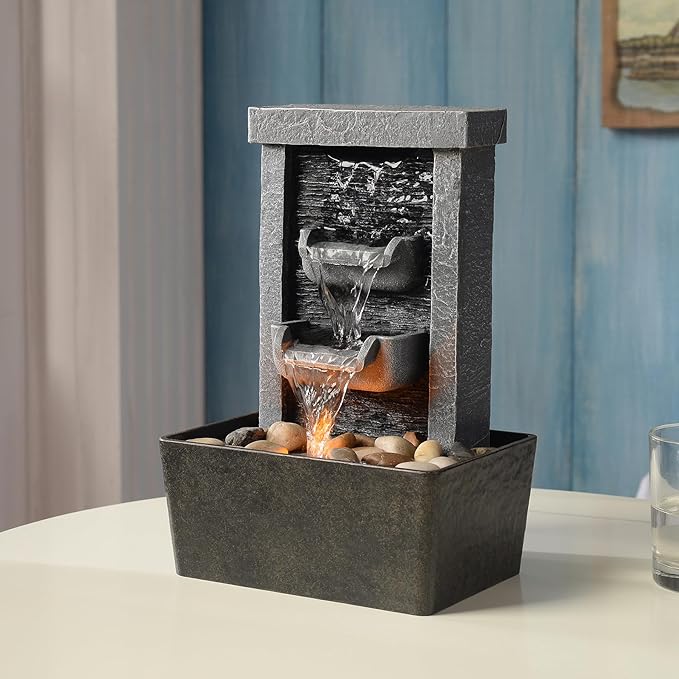 GOSSI Home Décor 10.3 in Indoor Waterfall Fountain Relaxation High Pressure Water Pumps Tabletop Fountain Nature Feeling Water Fountains with Reflective Lighting/River Rocks Home/Office Decoration