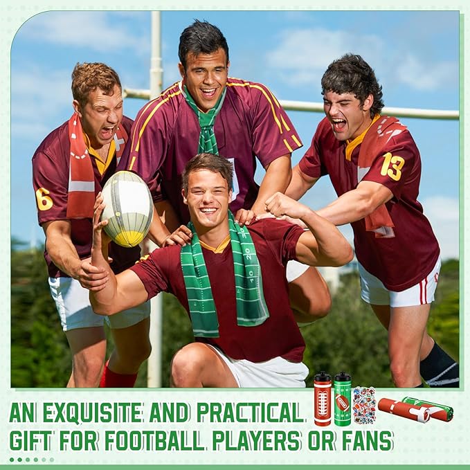 24 Pcs Football Water Bottle Football Cooling Towel Set with 50 Sticker Sports Party Favors Include 6 Reusable Sports Squeeze Water Bottle 6 Ice Towel Breathable Fast Drying for Team Gifts