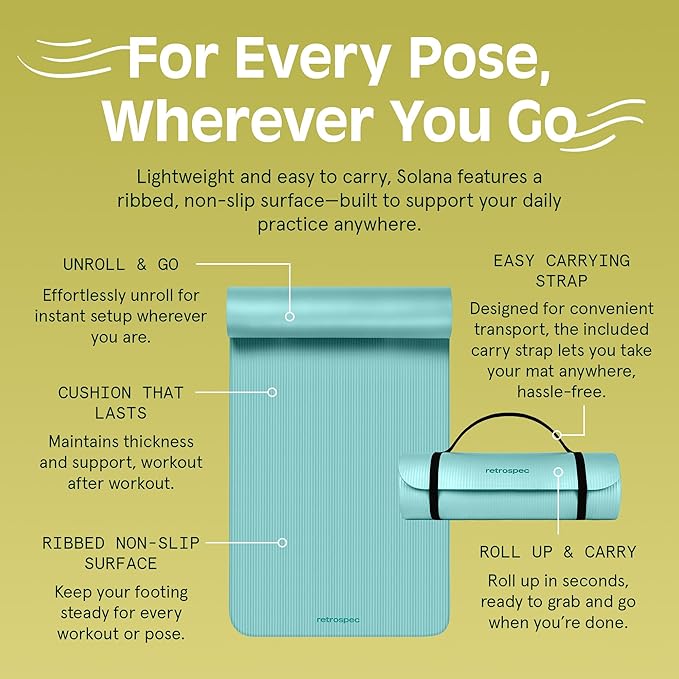 Retrospec Solana Yoga Mat 1/2" Thick w/Nylon Strap for Men & Women - Non Slip Exercise Mat for Yoga, Pilates, Stretching, Floor & Fitness Workouts