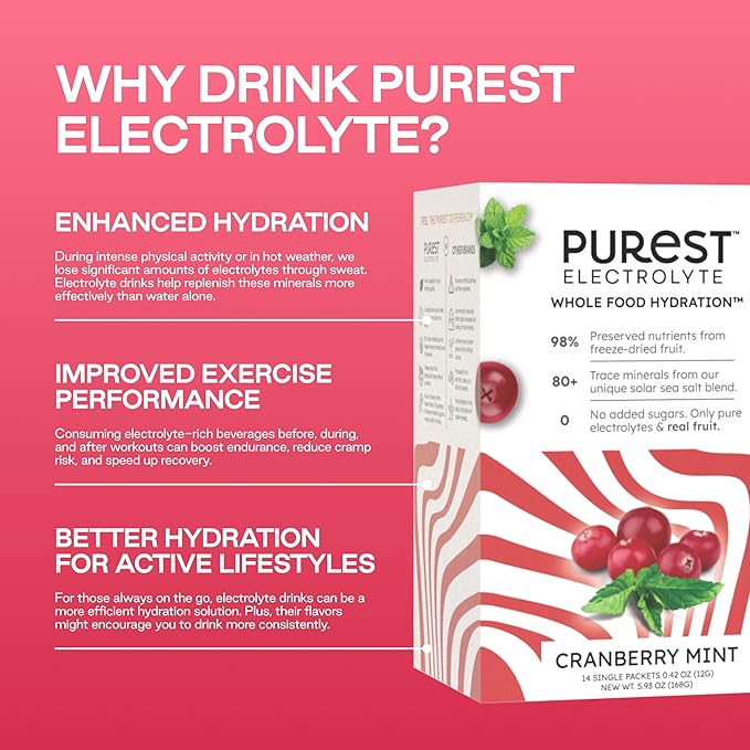 New! Purest Electrolyte Cranberry Mint Powder Packets – Whole Food Hydration - Organic Freeze-Dried Fruits and Solar Sea Salts for Ultimate Electrolyte Balance