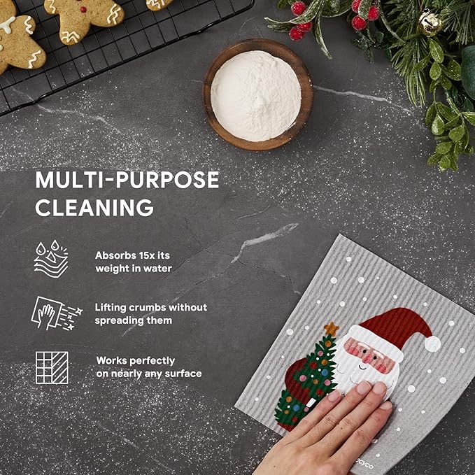 RECYCO 4 Pack Christmas Swedish Dishcloths for Kitchen | Classic Red Washable Dish Towels | Cellulose Reusable Cleaning Paper Towels | Absorbent Counter Dish Cloth Sponge Kitchen Wipes, 7" x 8"