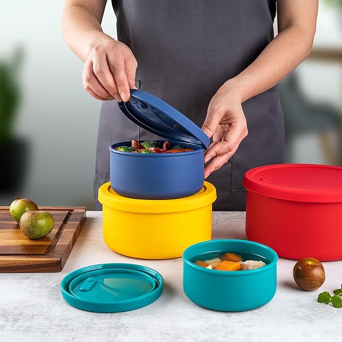 KSENDALO 4-Piece Silicone Food Storage Container Set with Lids (1300mL to 252mL) – Reusable, Leak-Proof for Meal Prep, Lunch, Travel & Camping-Purple